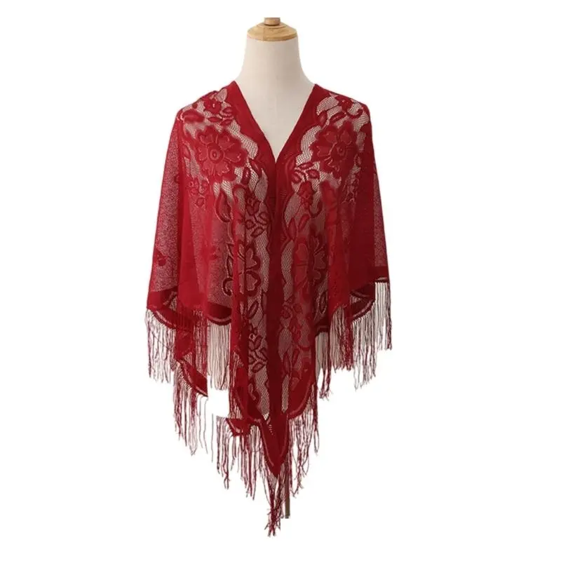 652F Women Lace Tassels Shoulder Wrap Sheer Flower Pattern Shawl for Women Girl Beach Vacation and Evening Parties