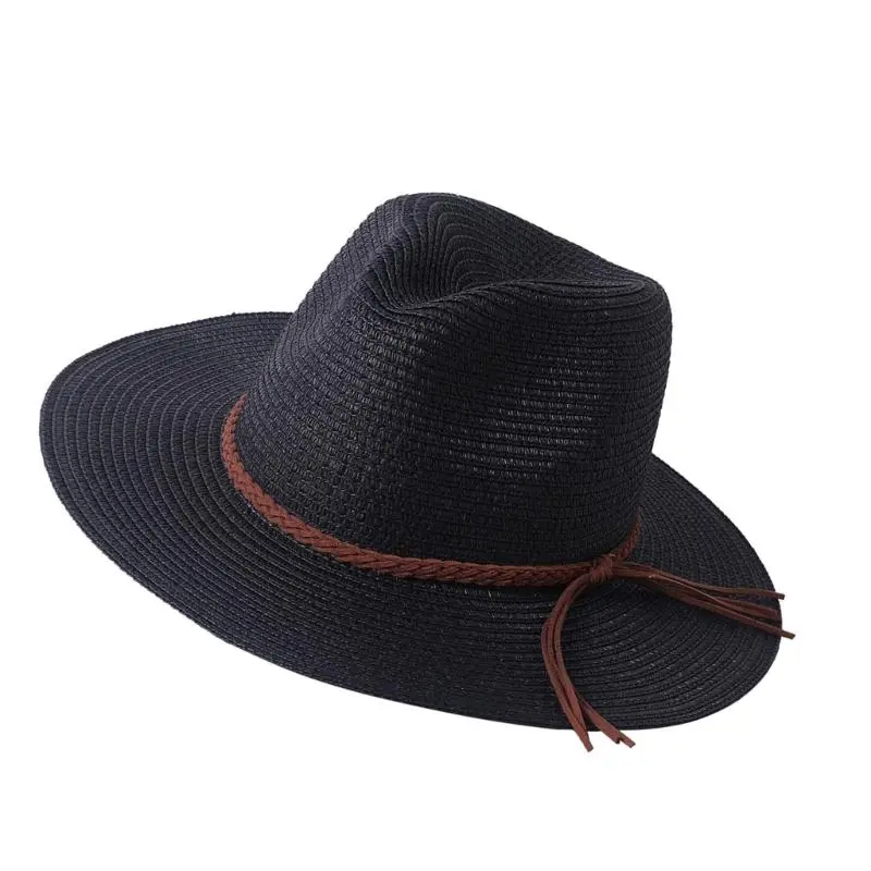 652F Homburg Cowboy Hats with Braided Belt Tassels Knight Hat Straw Top Hat Elegant Porkpie Hat for Boy Men Straw Hat