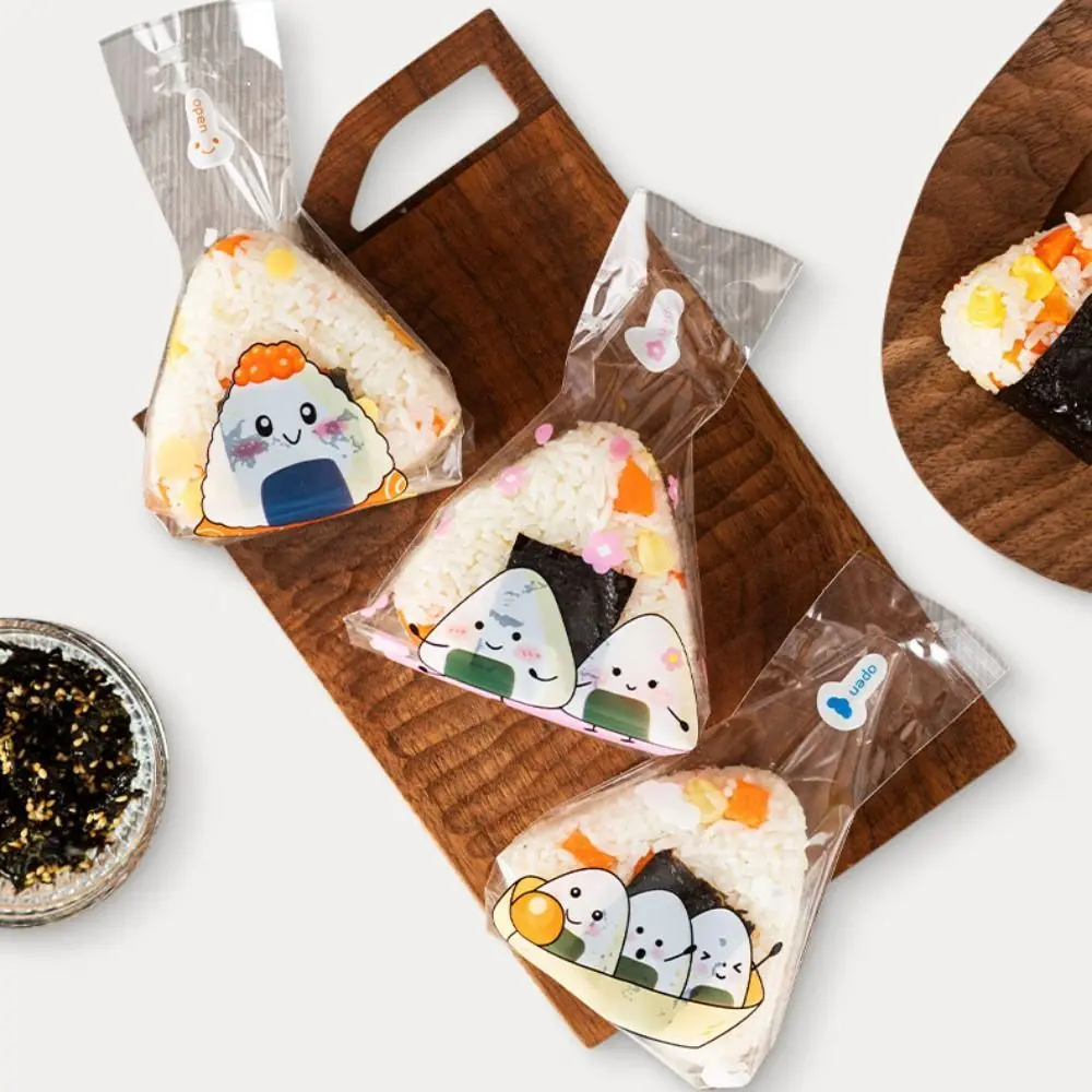 100Pcs Disposable Triangle Rice Ball Packing Bag Cartoon Pattern Japanese Rice Ball Wrapper DIY Transparent Sushi Bag Kids