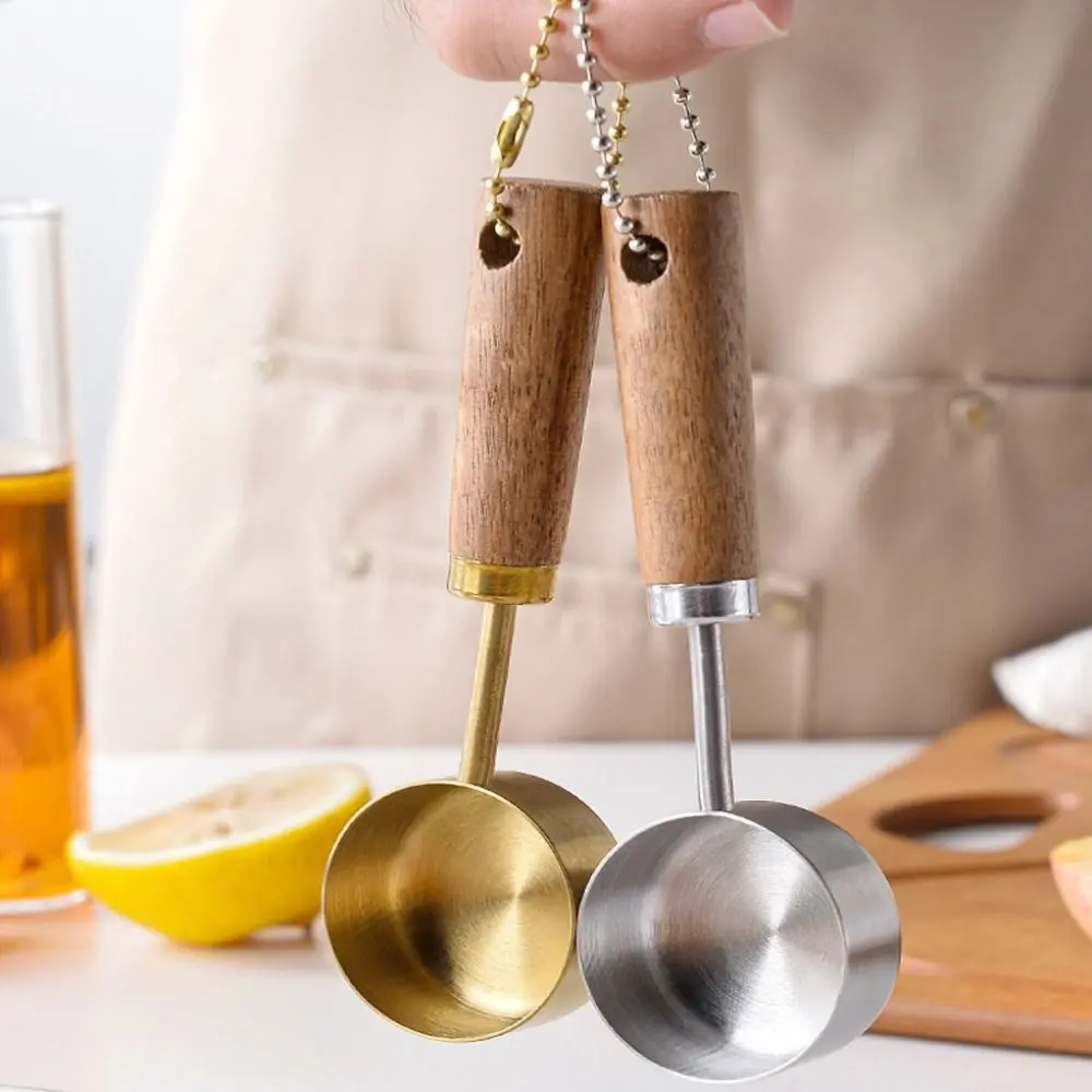 14ml Stainless Steel Measure Spoon Flat Bottom Hangable Measuring Cup with Wood Handle Rustproof Kitchen Measure Tools Coffee