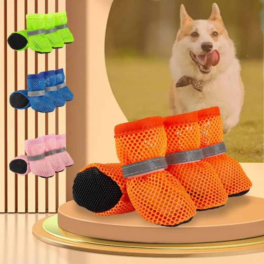 4pcs/set Fashion Breathable Dog Mesh Shoes Reflective Wear Resistant Pet Short Boots Non-slip Hollow Out Dog Shoes Spring