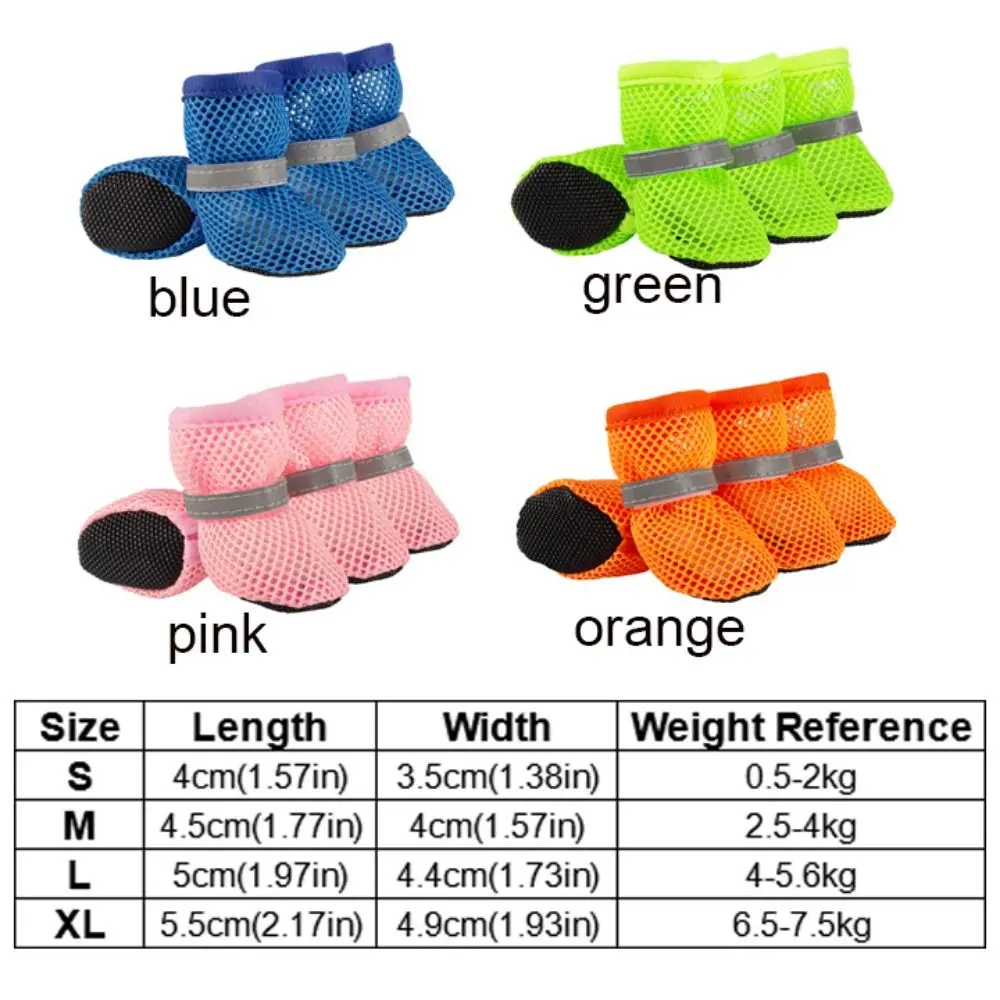 4pcs/set Fashion Breathable Dog Mesh Shoes Reflective Wear Resistant Pet Short Boots Non-slip Hollow Out Dog Shoes Spring