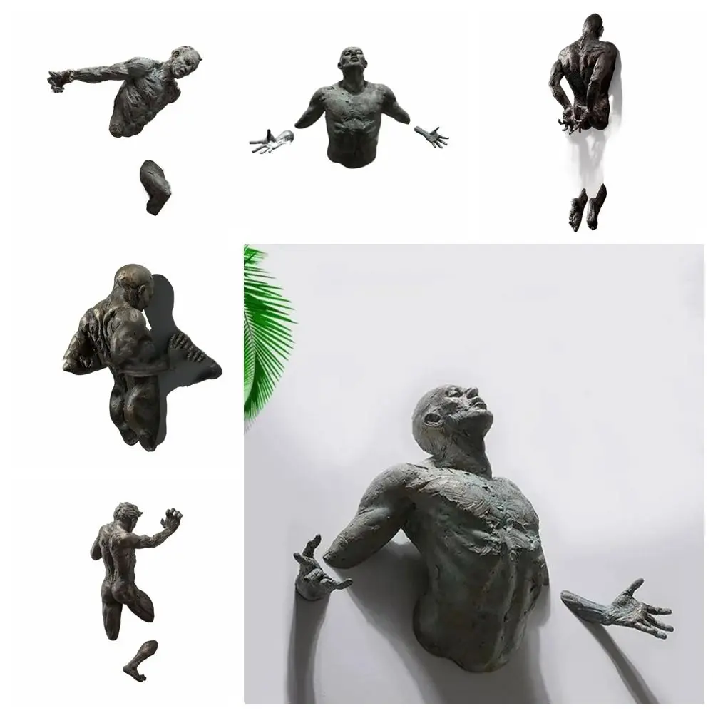 Simple 3D Wall-through Figure Statue Resin Through Wall Abstract Art Sculpture Climbing Man Through Wall Resin Crafts Home Decor