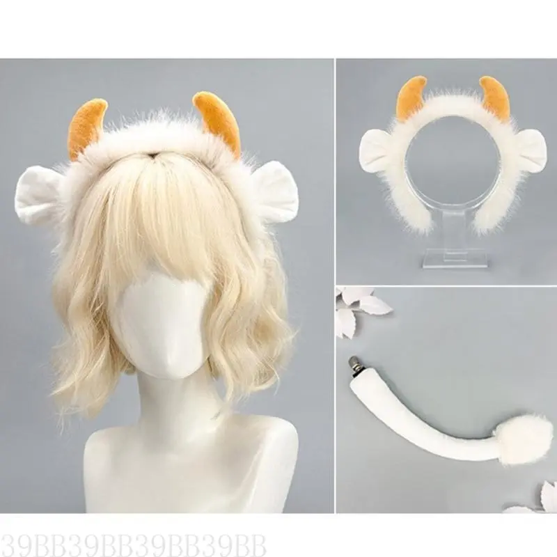 39BB Yak Ears Headband with Yak Tail Animal Yak Costume Set Halloween Cosplay Costume