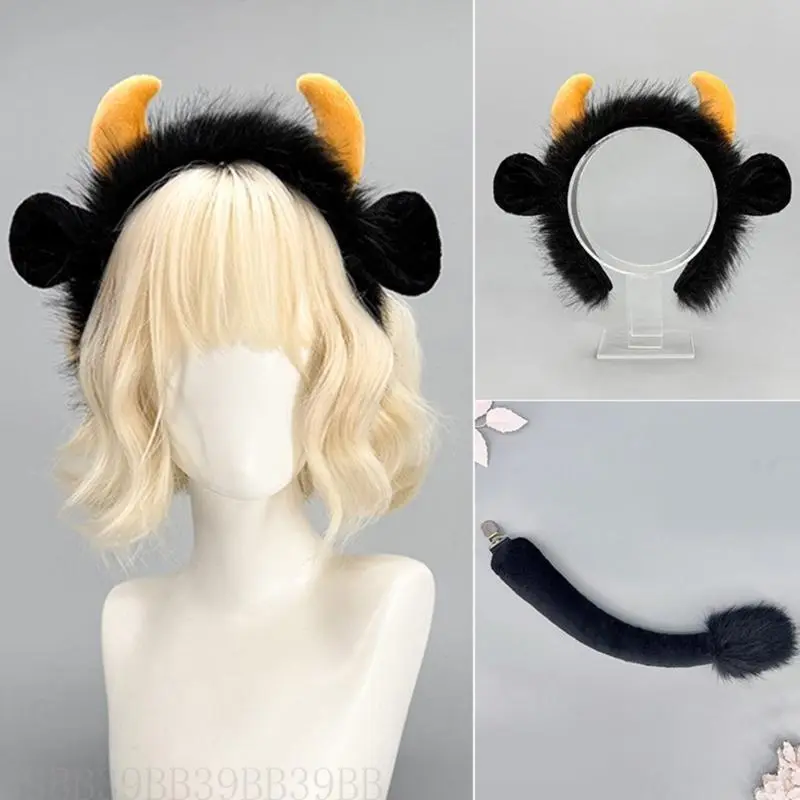 39BB Yak Ears Headband with Yak Tail Animal Yak Costume Set Halloween Cosplay Costume