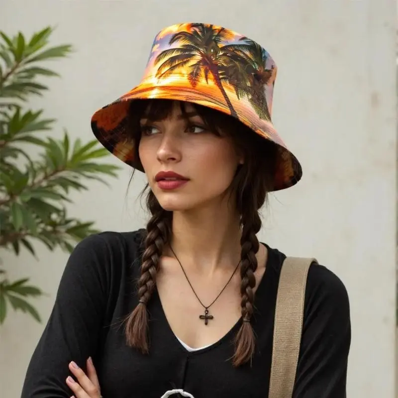 652F Unisex Colorful Print Fisherman Hat Soft Bucket Hat for Beach Vacation and Street Strolling Theme Floppy Hat