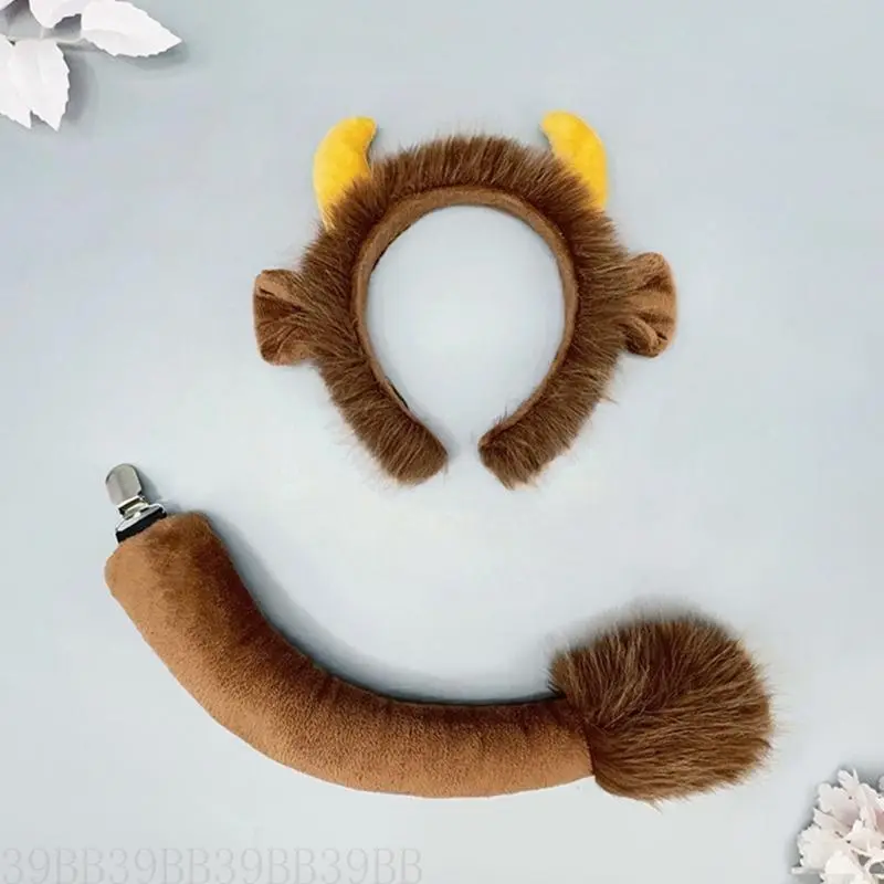 39BB Yak Ears Headband with Yak Tail Animal Yak Costume Set Halloween Cosplay Costume