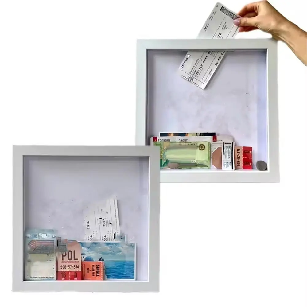 Multifunctional Wooden Adventure Archive Box Square with Slot Ticket Shadow Box Transparent Travel Shadow Box Tabletop