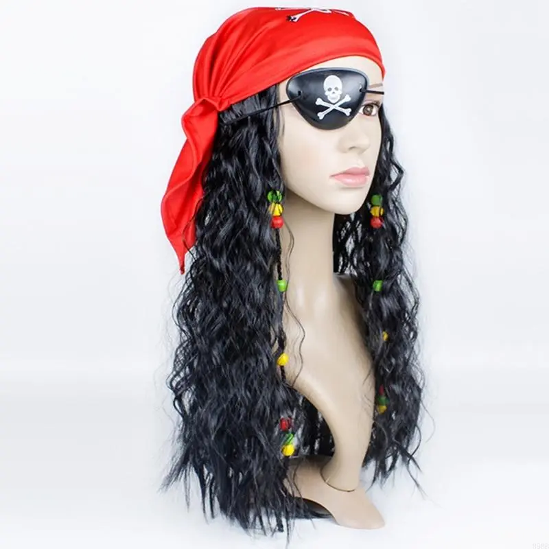 Pirate with Eye-Patch Scarf Set Long Curly Black Pirate Pirate Outfit Costume Accessories for Halloween Party