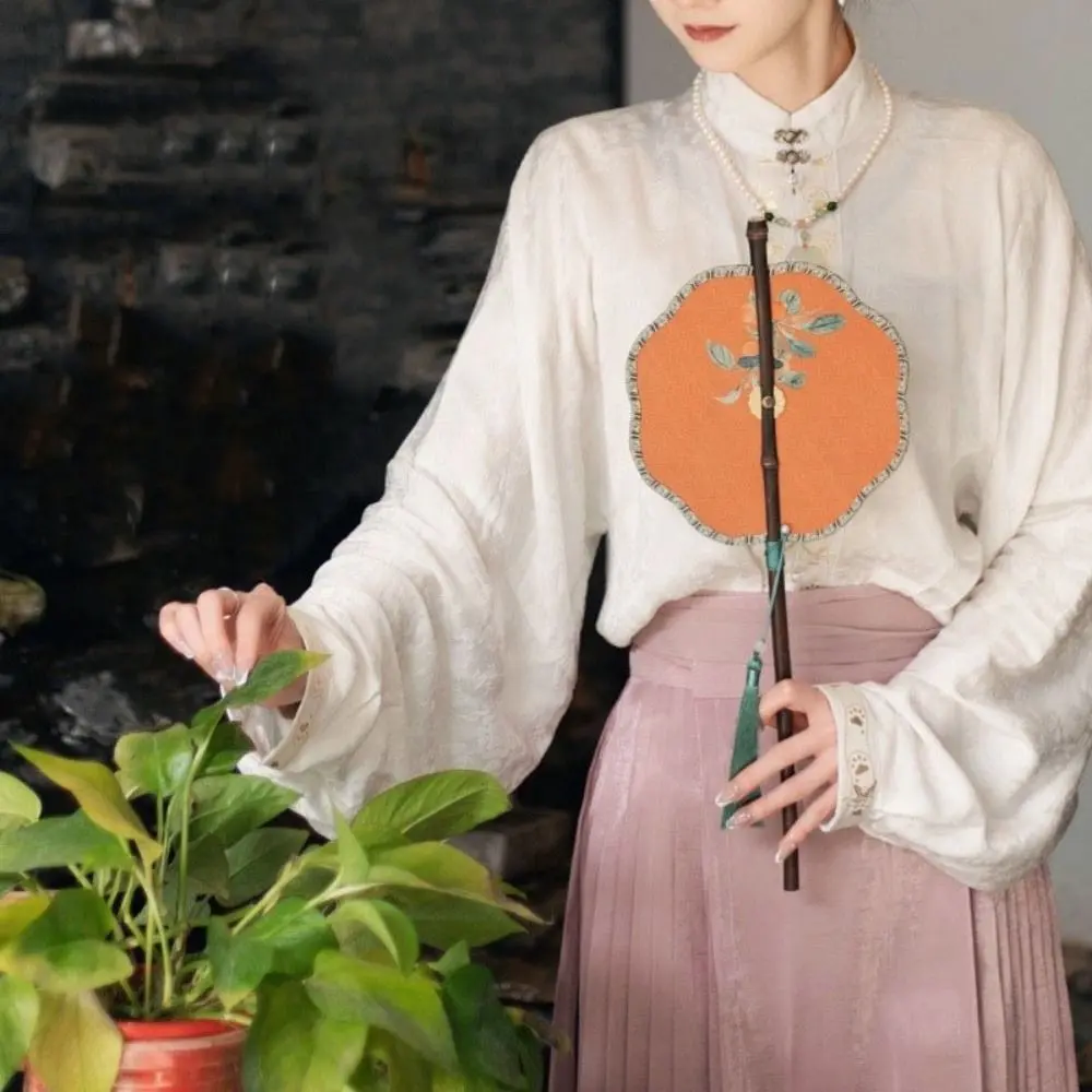 Retro Ancient Style Chinese Bamboo Waist Fan Rollable Foldable Long Handle Fan Decorative with Tassel Group Fan for Summer