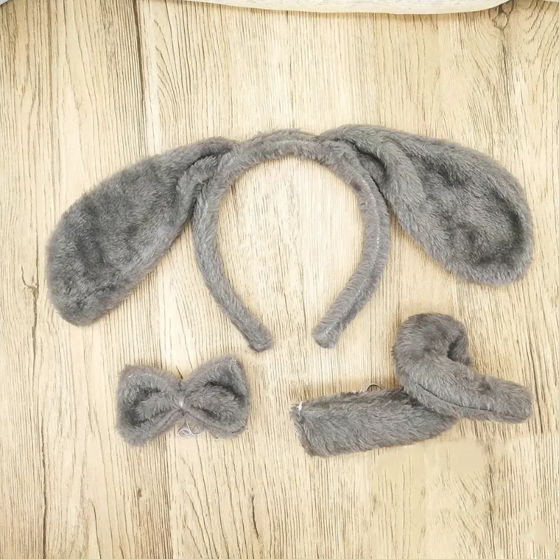 652F Lovely Dog Ears Hair Hoop Plush Animal Headdress Dog Ears Hair Hoop+ Bow+ Tail Set All-match for Street Shooting