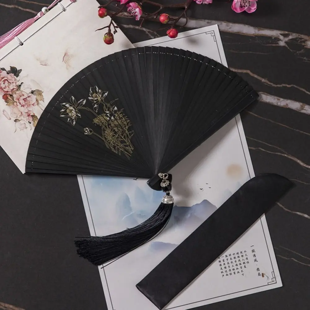 Fashion Chinese Style Japanese Classical Folding Fan Ancient Style Black Bamboo Fan Exquisite Portable Hand Fans Cheongsam Show