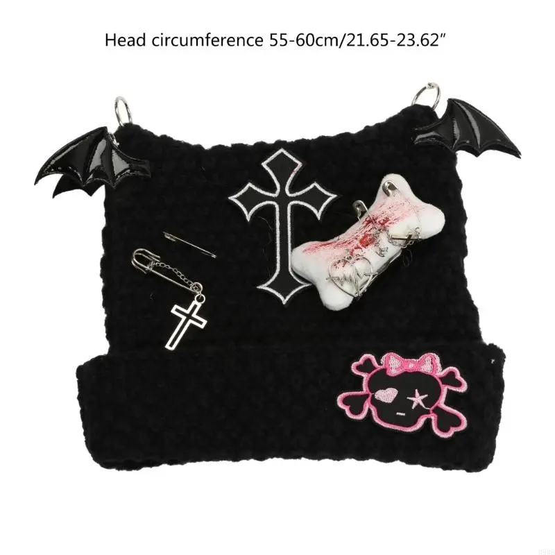 Elastic Punk Ear Hat Black Knitted Hat with Dangle Jewelry for Women Keep Ear Warm Hat Cold Weather Supplies