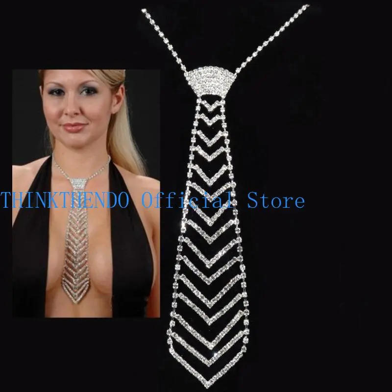 652F Glittering Rhinestones Neck Tie Women Rhinestones Necktie Necklace Dancing Costumes Jewelry Accessories for Women