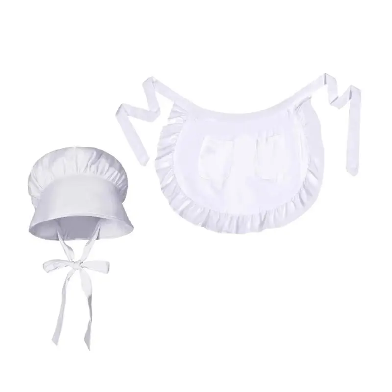 652F 1Set Colonial Costume Accessories Ruffle Maid Waitress Aprons Colonial Caps Maid Costumes Pioneers Girls Costumes Gifts