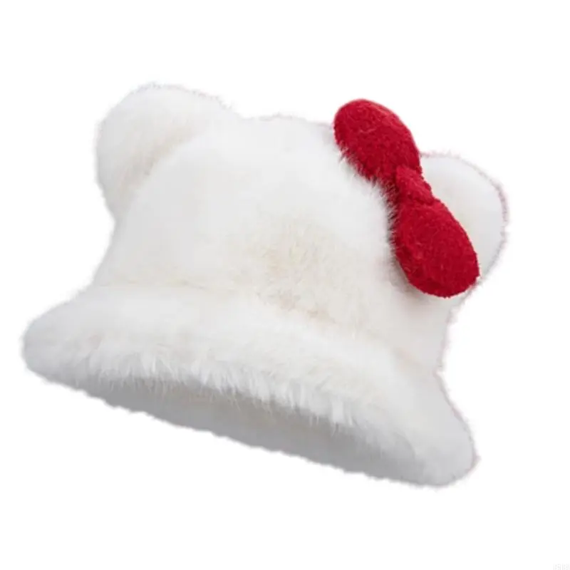 652F Furry Cats Ear Bucket Hat Plush Warm Winter Bucket Hat Plush Fisherman Hat For Women Girl Winter Outdoor Activity