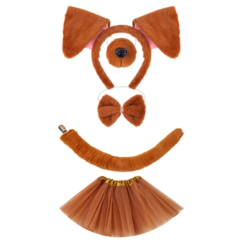 652F 1/4/5 Pcs Dog Costumes Set Dog Ears Headband Tail Tutu Skirt for Kids Girls Halloween Christmas Animal Cosplay Props