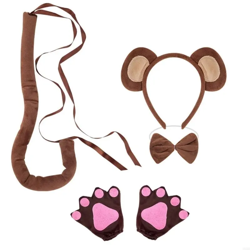 652F Monkey Costume Monkey Ear Headband Tail Bowtie Glove and Skirt Halloween Lemur Dress up Outfit for Kid Halloween Cosplay