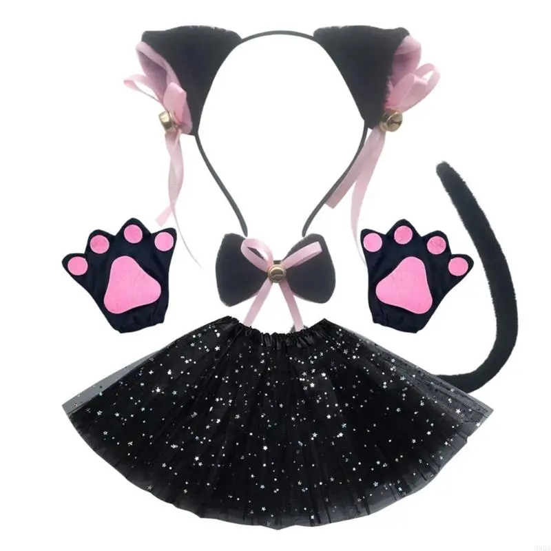 652F Cats Roleplay Costume Set for Women Plush Ear Headbands/Collar/Tail/Paws Gloves Halloween Party Anime Props Clothing