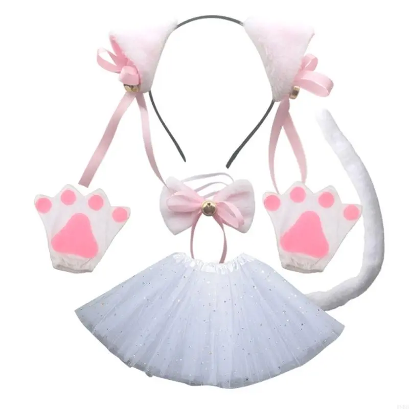 652F Cats Roleplay Costume Set for Women Plush Ear Headbands/Collar/Tail/Paws Gloves Halloween Party Anime Props Clothing