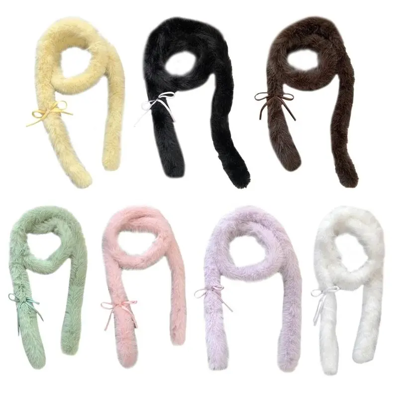 652F Solid Color Bowknot Long Scarf for Adult All Matching 2000s Scarf Winter Photo Scarf Popular Streetwear Neckwrap Scarf