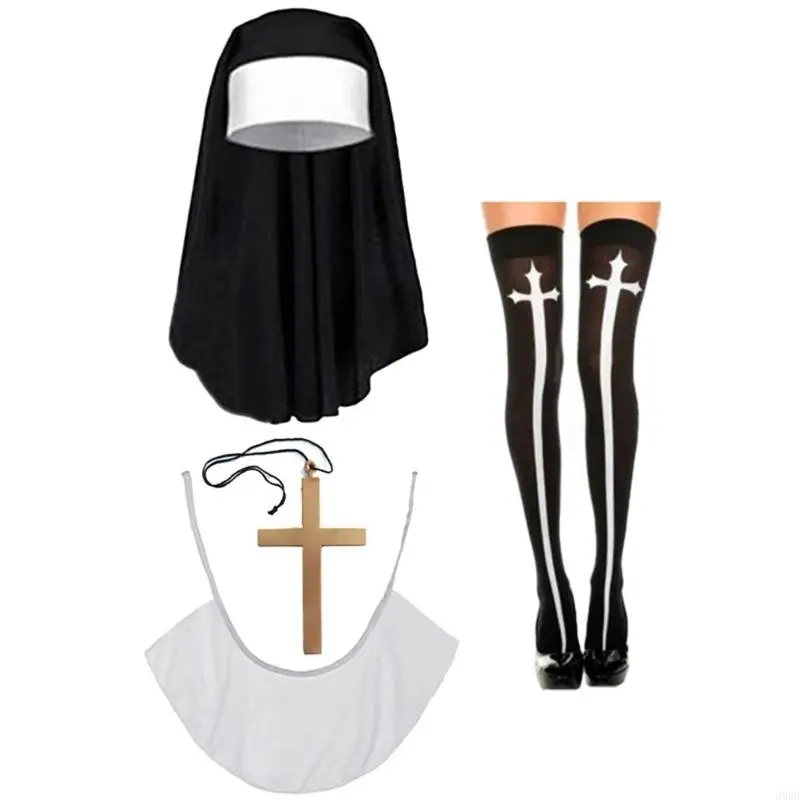 39BB Nun Costume Set,Nun Hat,Nun Collar,Cross Pendent Necklace,Thigh High Socks for Halloween Cosplay Carnival Theme Party