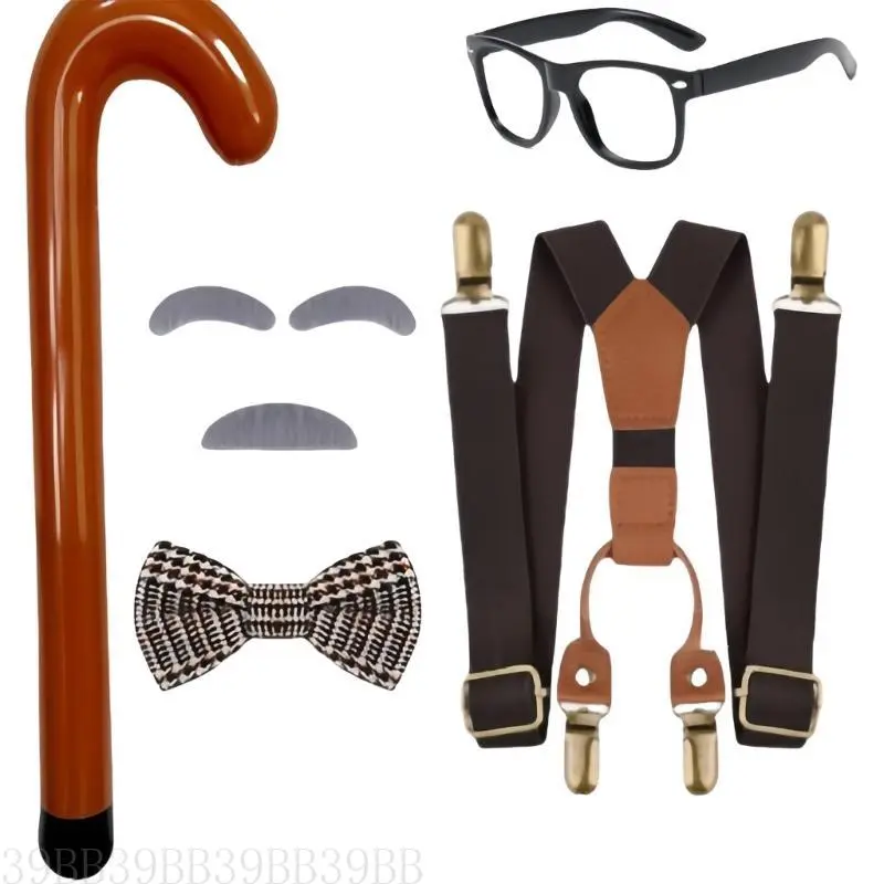 39BB Kid Grandpa Costume Accessory with Beard Eyebrows Bowtie Glasses Cane Suspenders