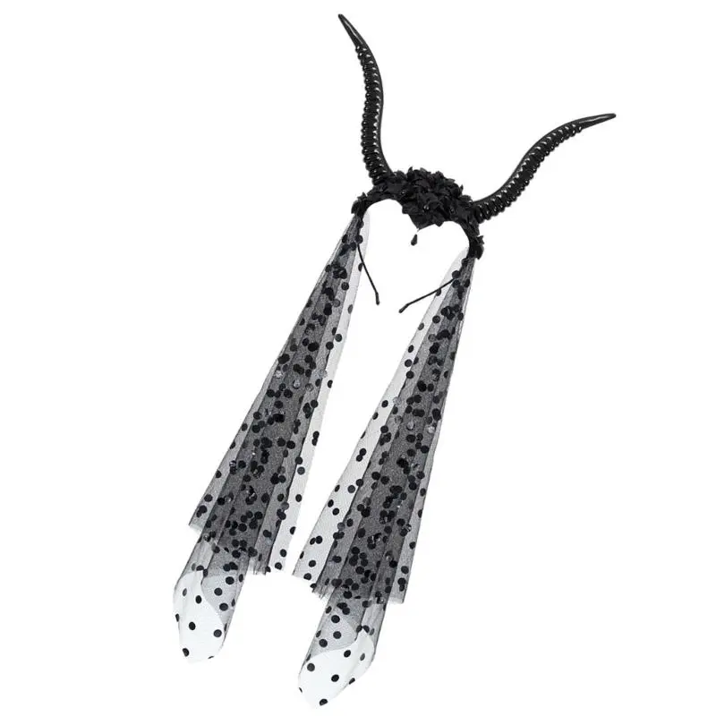 39BB Punk Goat Horn Headband Veil Hairband Dark Series Women Photo Props Headwear