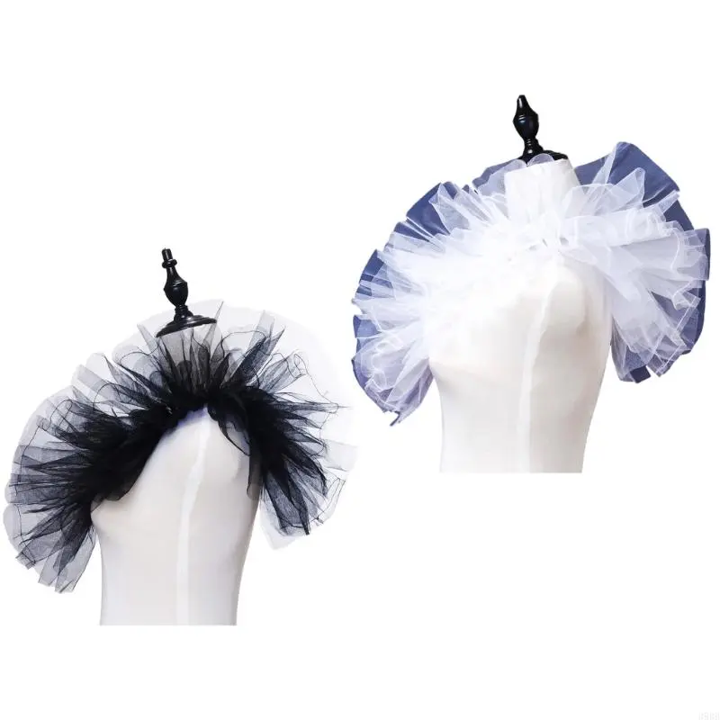 652F Women Vintage Ruffled Mesh Shrug Shawl Detachable Faux Collar Layered Tulle Shoulder Wrap Victorian Renaissances Costume