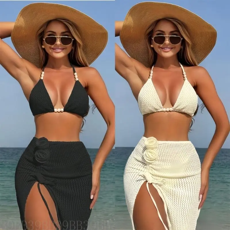 39BB Women Two Piece Halterneck Swimwears Set with Beach Coverup Triangular Thong Swimsuit Set Low Waist Thong Bathing Suit