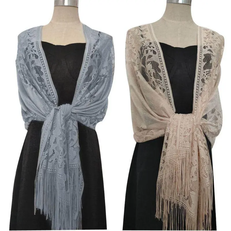 39BB 185x63cm Womens 1920s Scarf Wraps Hollow Out Crochet Floral Lace Fringed Tassels