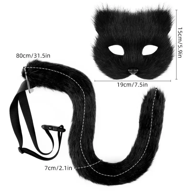 39BB Therians Mask and Tail Set for Girls Halloween Cats Mask Tail Cosplay Foxes Mask Wolf Tail