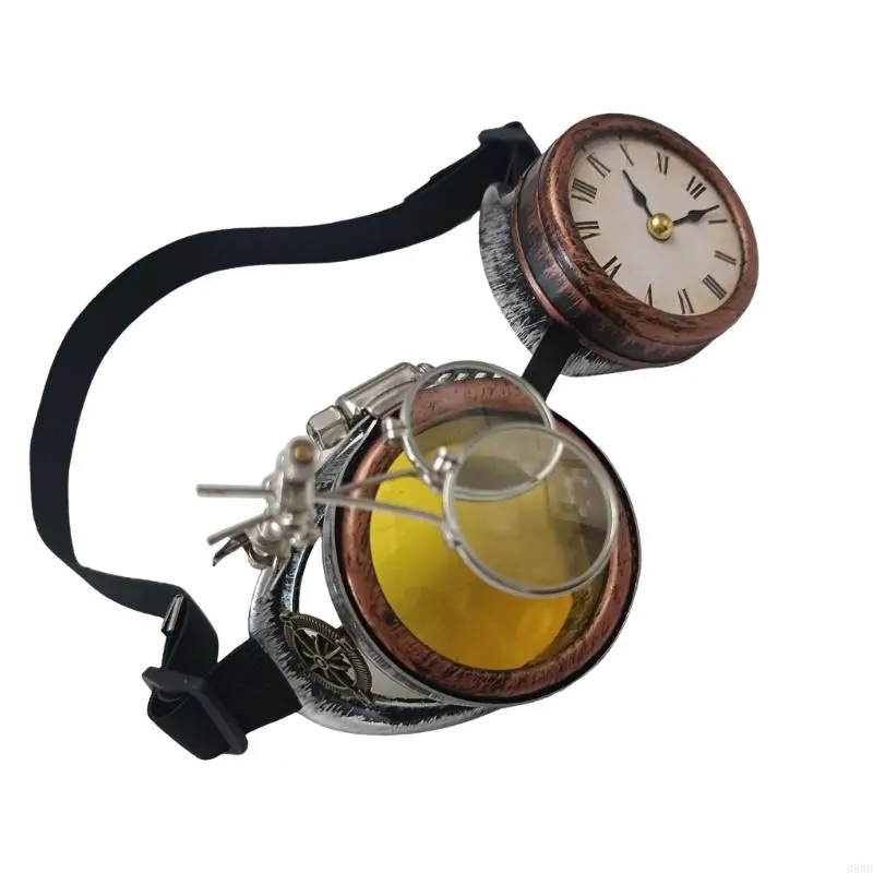 652F Steampunk Goggles with Clock Victorian Goggles Gothic Glasses Halloween Cosplay Glasses for Festivals Theme Party