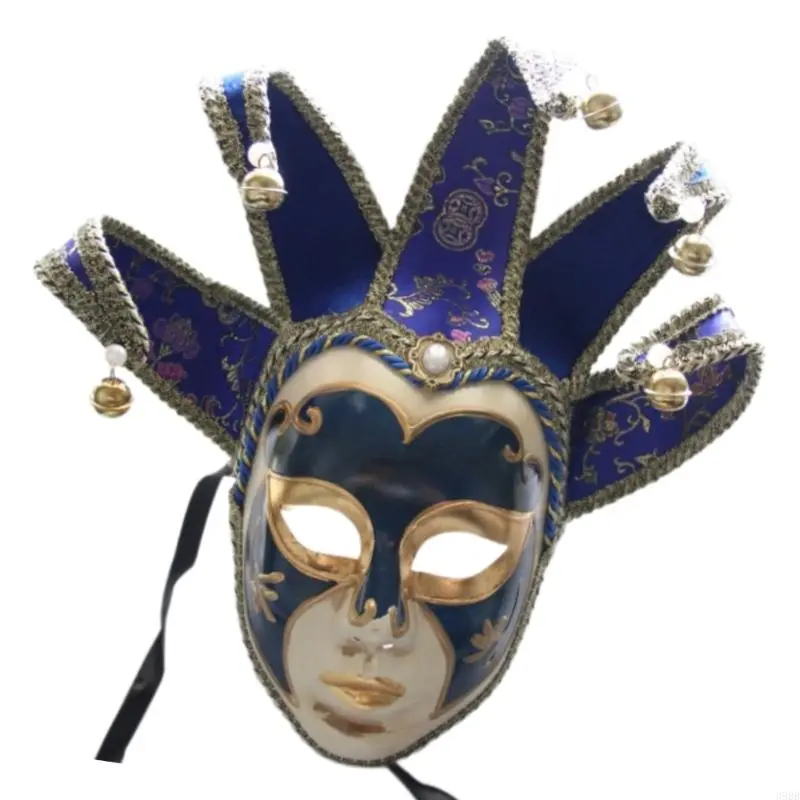 652F Masquerade Full Face Mask With Bells Vintage Mask for Men Women Halloween Cosplay Masquerade Proms Parties