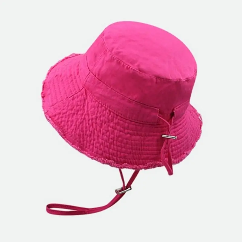 652F Frayed Design Fisherman Hat with Adjust Chin Rope Anti-Uv Bucket Hat for Adult Teenagers Wide Brim Bucket Hat