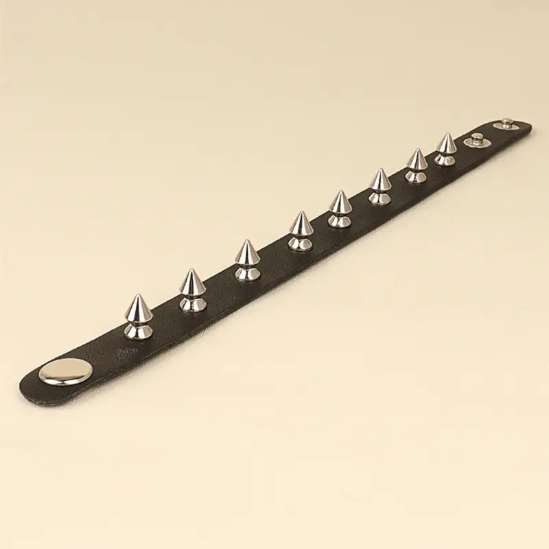 652F Spiked Studded Bracelet Black Leather Rivets Punk Bracelet Cuff Wrap Bangle Metal Snap Button Wristband for Men Women