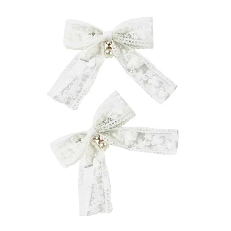 652F Lace Bows Hair Clip 2000s Trend Side Clip Bows Pearls Bowknot Balletcore Pearls Hairstyling Photo Props