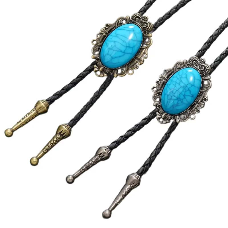 652F PU Bolo Tie for Men Cowboy Bolo Tie Necktie Collar Pendant Western Turquoise Necklace for Teens Cowboy Rodeos Accessory