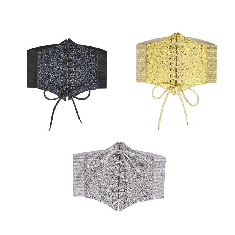 652F Waist Belt Underbust Glitter Corset Grunge Chain Costume Belt for Wrap Dress Waist Belt for Suit Skirt Jeans Jewelry
