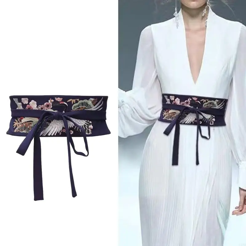 Vintage Waistband Embroidery Crane Elegant Chinese Belt with Tassels Accessory for Han