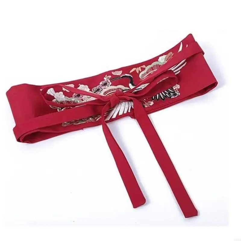 Vintage Waistband Embroidery Crane Elegant Chinese Belt with Tassels Accessory for Han