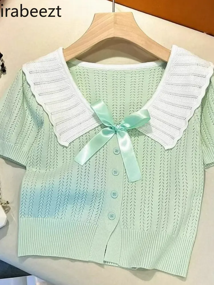 Women's Mint Green Knit Short Sleeve Top Summer Slim Fit Cropped Tee French Style Breathable Ice Silk Blouse Casual T-Shirt