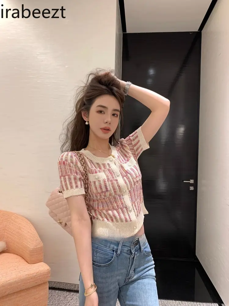 Elegant Short Sleeve Knit Cardigan Women's Summer Tops - Color Block Slim Fit Cropped Casual Chic Blouse with Unique Design