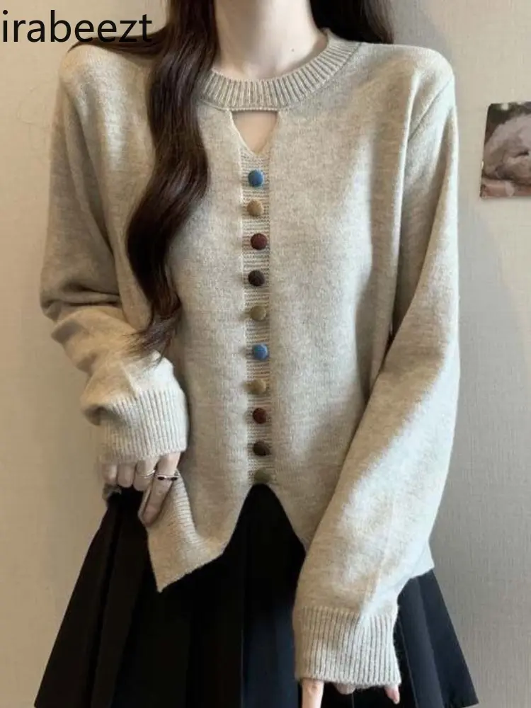 Women's Knit Sweater Loose Fit Hollow Out Colorful Buttons Long Sleeve Tops Casual Fall Winter Pullover Blouse Elegant Chic