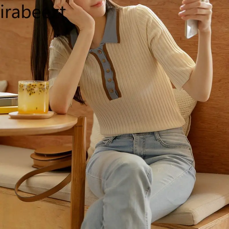 Women's Polo Neck Short Sleeve Knit Top Slim Fit Casual T-Shirt Breathable Stretchy Fashion Crewneck Blouse Ladies Spring Tee