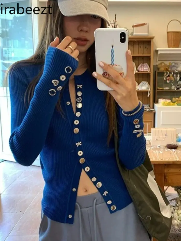 Classic Customized Crystal Button Long Sleeve Cardigan Women's Elegant Knitted Sweater Coat Soft Wool Blend Fashion Outerwear