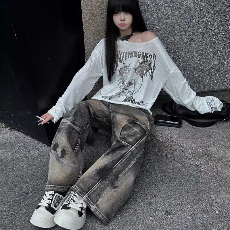 Women's Loose Long Sleeve T-Shirt Gothic Skull Print Oversized Casual Top Fall Winter Streetwear Fashion Sun Protection blouse