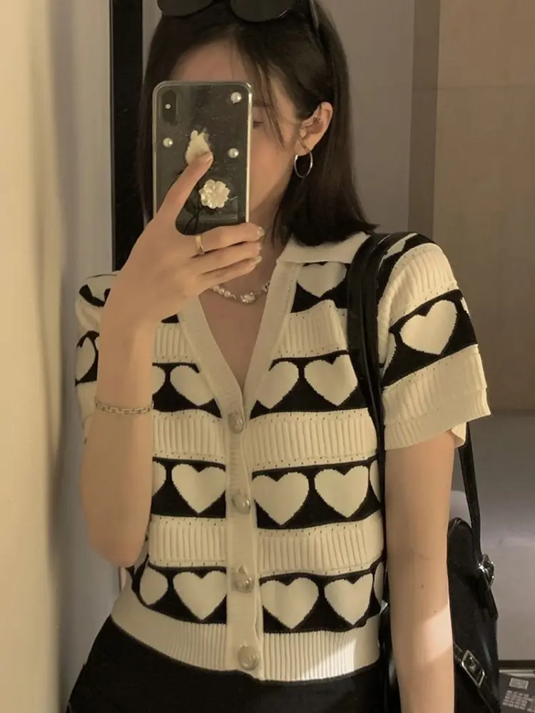 Women's Polo Neck Knit T-Shirt Summer Short Sleeve Top Elegant Chic Casual Slim Fit Fashion Style Ladies Blouse Cute Basic Tee
