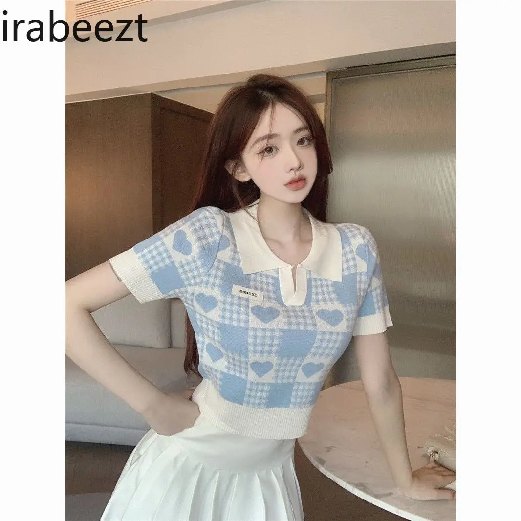 New Women's Polo Neck Short Sleeve T-Shirt Cute Sweet Sexy Y2K College Style Summer Ice Silk Knitted Crop Top Casual Streetwear