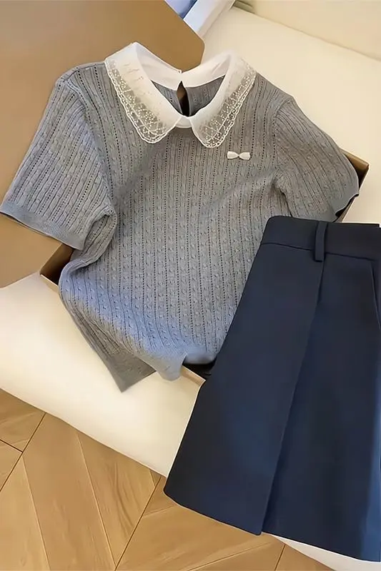 Plus Size Gray Lace Doll Collar Knit Top Women's Regular Shoulder Short Sleeve Summer Blouse Slim Fit Casual Ice Silk T-shirts